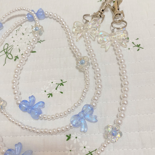 ビーズスマホショルダー ♡リボンブルー その他アクセサリー i
