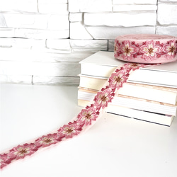 [ 242 ] インド刺繍 リボン ピンク 花柄 桜 幅:4cm 2枚目の画像