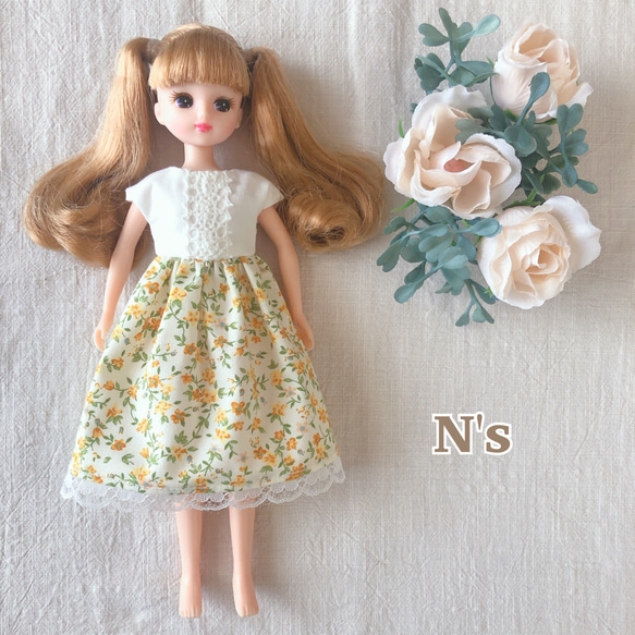22cmドール用 選べる3カラー小花柄ワンピース リカちゃん 服