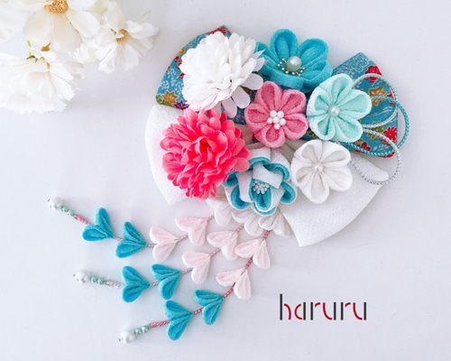 つまみ細工の髪飾り【水色花柄ダブルリボン さがり付きお花のセット