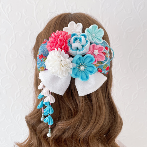 つまみ細工の髪飾り【水色花柄ダブルリボン さがり付きお花のセット