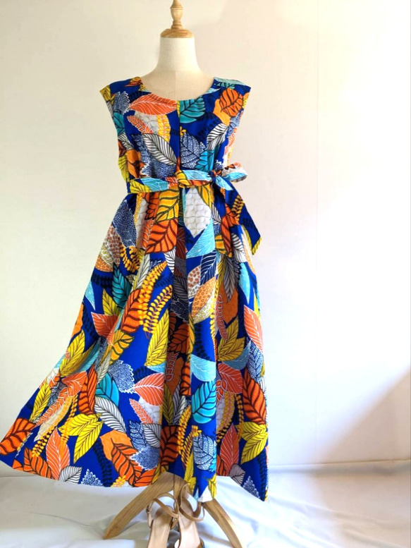 アフリカ布 アフリカン ワンピース カラフルリーブス ワンピース