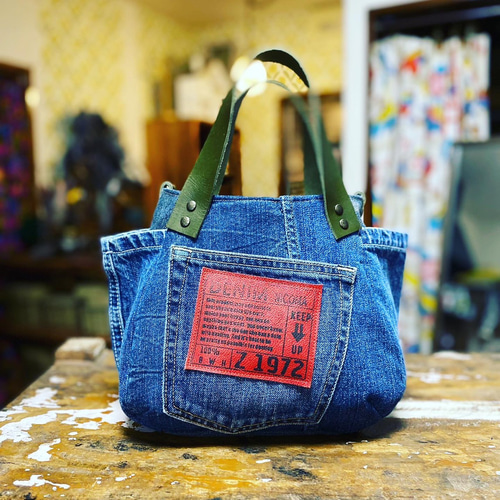 まんまるトートバッグ小サイズ デニムリメイク×レトロりんご柄