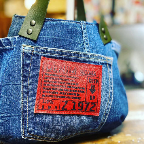 まんまるトートバッグ小サイズ デニムリメイク×レトロりんご柄