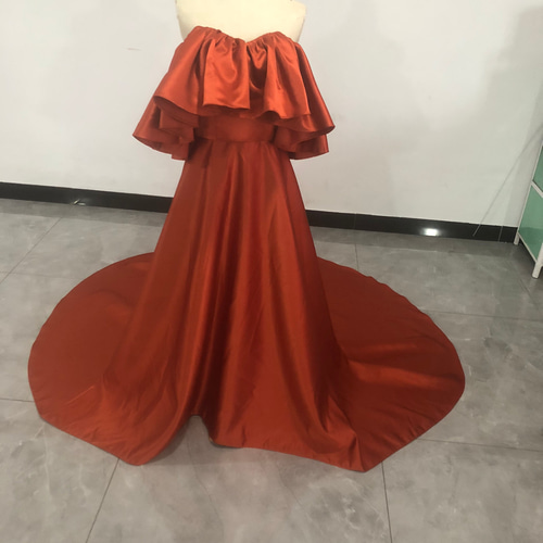 上品！ 光沢サテン テラコッタ色 ベアトップ 绮丽な 前撮り パーティー  