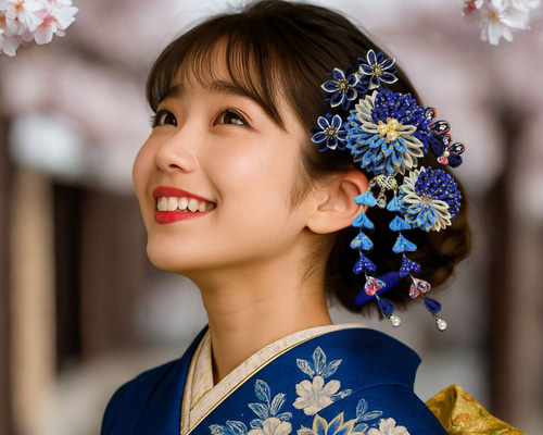 髪飾り　成人式　振袖　結婚式　卒業式　つまみ細工　青　4012 蒼銀華（S027）｜つまみ細工 髪飾り 青 金銀彩 成人式 卒業式 結婚式