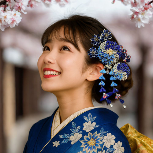 蒼銀華（S027）｜つまみ細工 髪飾り 青 金銀彩 成人式 卒業式 結婚式