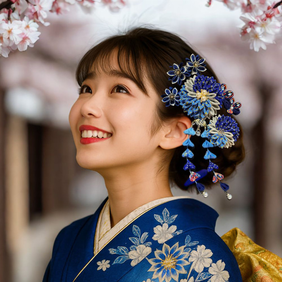 蒼銀華（S027）｜つまみ細工 髪飾り 青 金銀彩 成人式 卒業式 結婚式