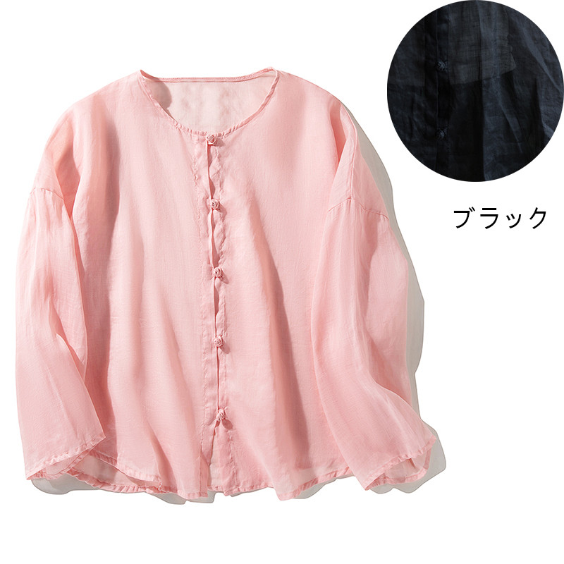 リネンシャツ　日焼け防止UV対策シャツ　長袖リネンシャツ　薄くて涼しいリネンシャツ　ピンク　L218