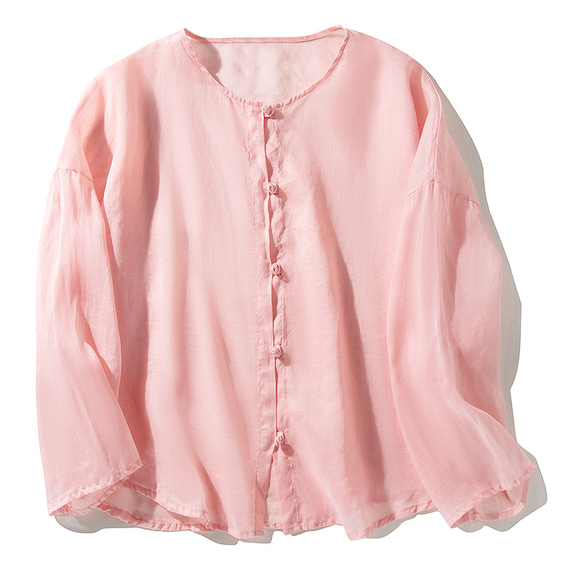 リネンシャツ　日焼け防止UV対策シャツ　長袖リネンシャツ　薄くて涼しいリネンシャツ　ピンク　L218 1枚目の画像
