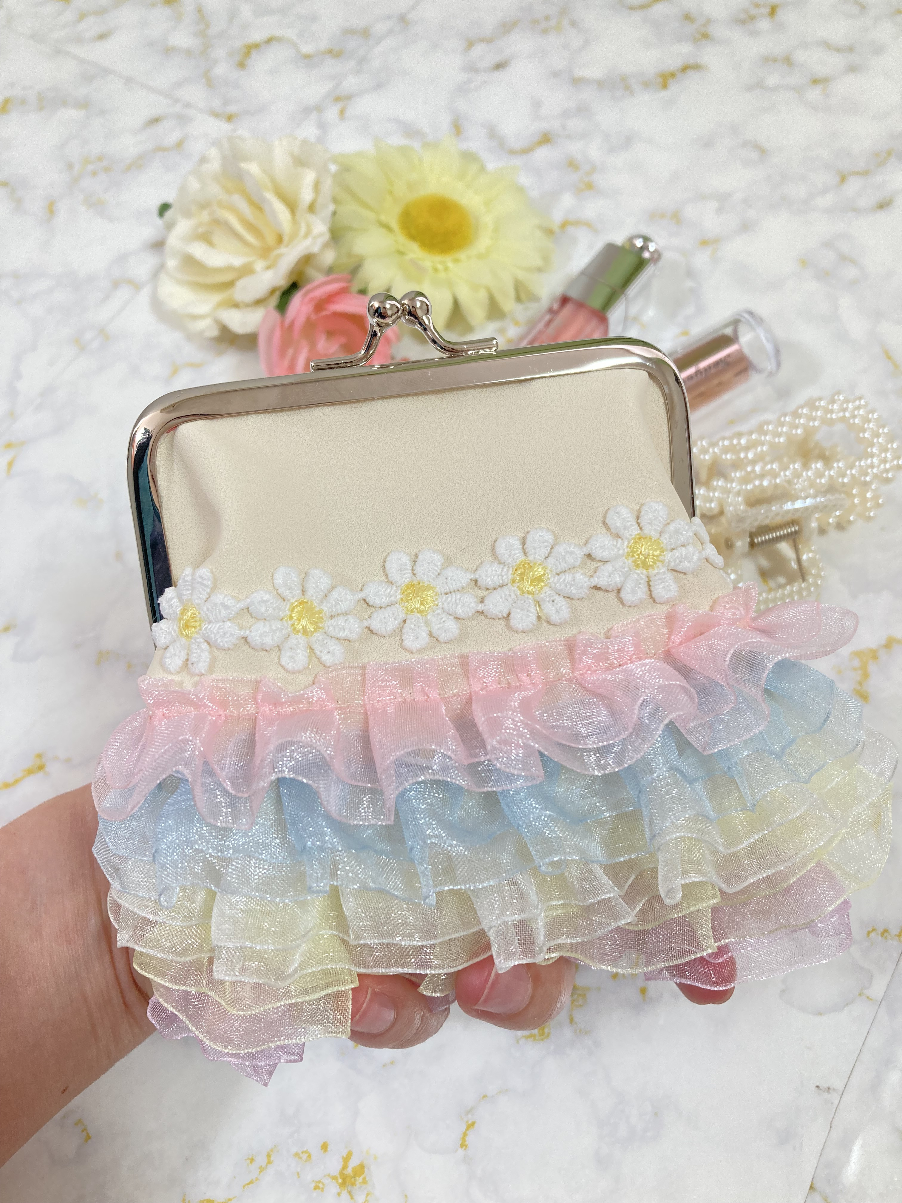 全日本送料無料 モモンガポーチ　ピンクお花フリル ケージ・アクセサリー