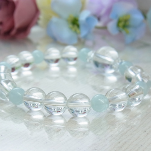 爽やか夏色 アクアマリン×水晶 天然石ブレスレット 8mm/6mm