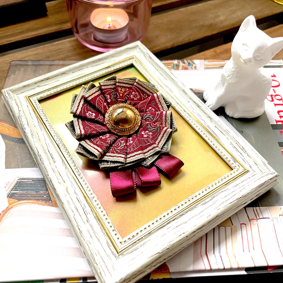 オリエンタル刺繍リボンとゴールドボタンのロゼット ✩.*˚ ブローチ