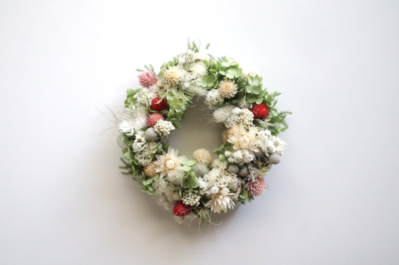 【送料無料】Creema限定 アジサイとお花いっぱいのリース ドライフラワーリース ナチュラル 秋リース プレゼント 2枚目の画像