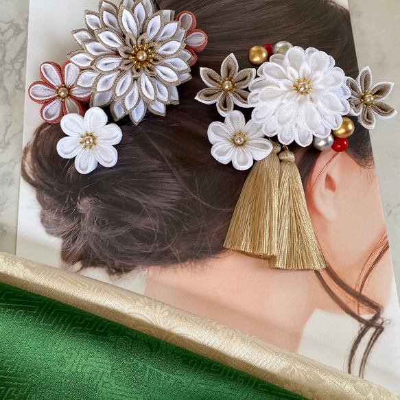 つまみ細工 ダリアの髪飾り９点セット「春霞(はるかすみ)」婚礼 結婚式 成人式 ブライダル ウェディング 白無垢 13枚目の画像