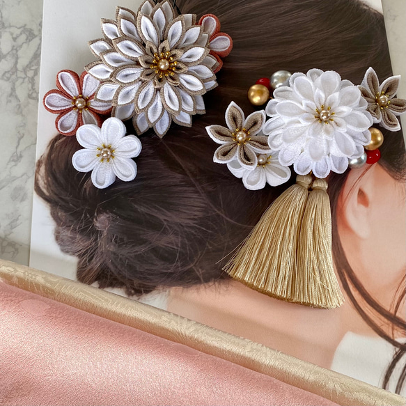 つまみ細工 ダリアの髪飾り９点セット「春霞(はるかすみ)」婚礼 結婚式 成人式 ブライダル ウェディング 白無垢 11枚目の画像