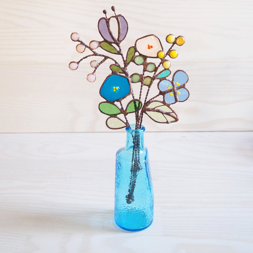 夏色ブルー1年中枯れない、ステンドグラスの花束 アートフラワー Unit