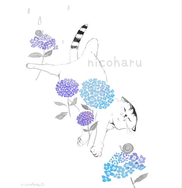 猫と紫陽花　インテリアポスター　A４ 1枚目の画像