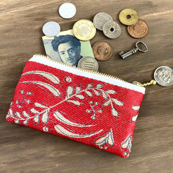 畳縁　硬幣錢包　名片夾　日式　法國葉子圖案　紅色的 第1張的照片