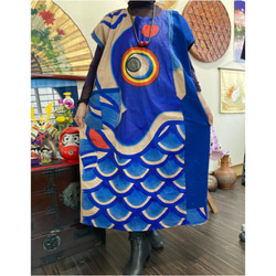 鯉のぼり(木綿)と幕の柿渋染めワンピース 古布リメイク ワンピース