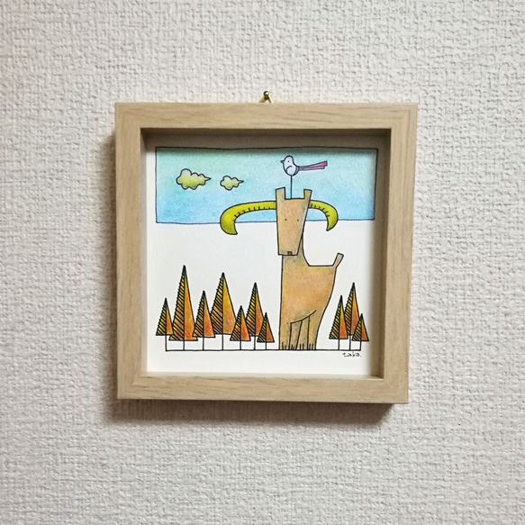 黄色の角をもった動物と小鳥 イラスト原画 イラスト takaakikaji 通販