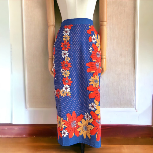 ロングタイト スカート【送料無料】古布リメイク ブルー 花柄 ロング  