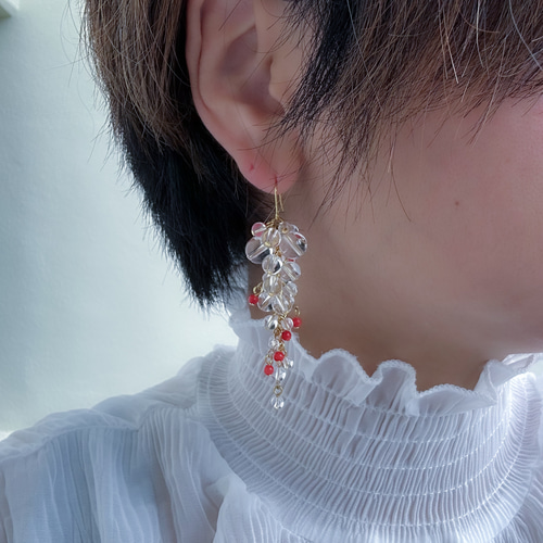 赤】クリスタル＆赤珊瑚ピアス 大人おしゃれ 色っぽい ピアス