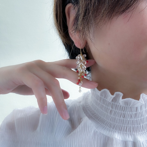 赤】クリスタル＆赤珊瑚ピアス 大人おしゃれ 色っぽい ピアス