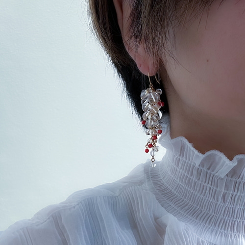 赤】クリスタル＆赤珊瑚ピアス 大人おしゃれ 色っぽい ピアス