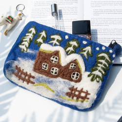 ウールフェルト コスメバッグ/ウールフェルト 携帯バッグ/小銭入れ/カード入れ/パスポート入れ 財布 - 雪景色 北欧 クリスマ 5枚目の画像