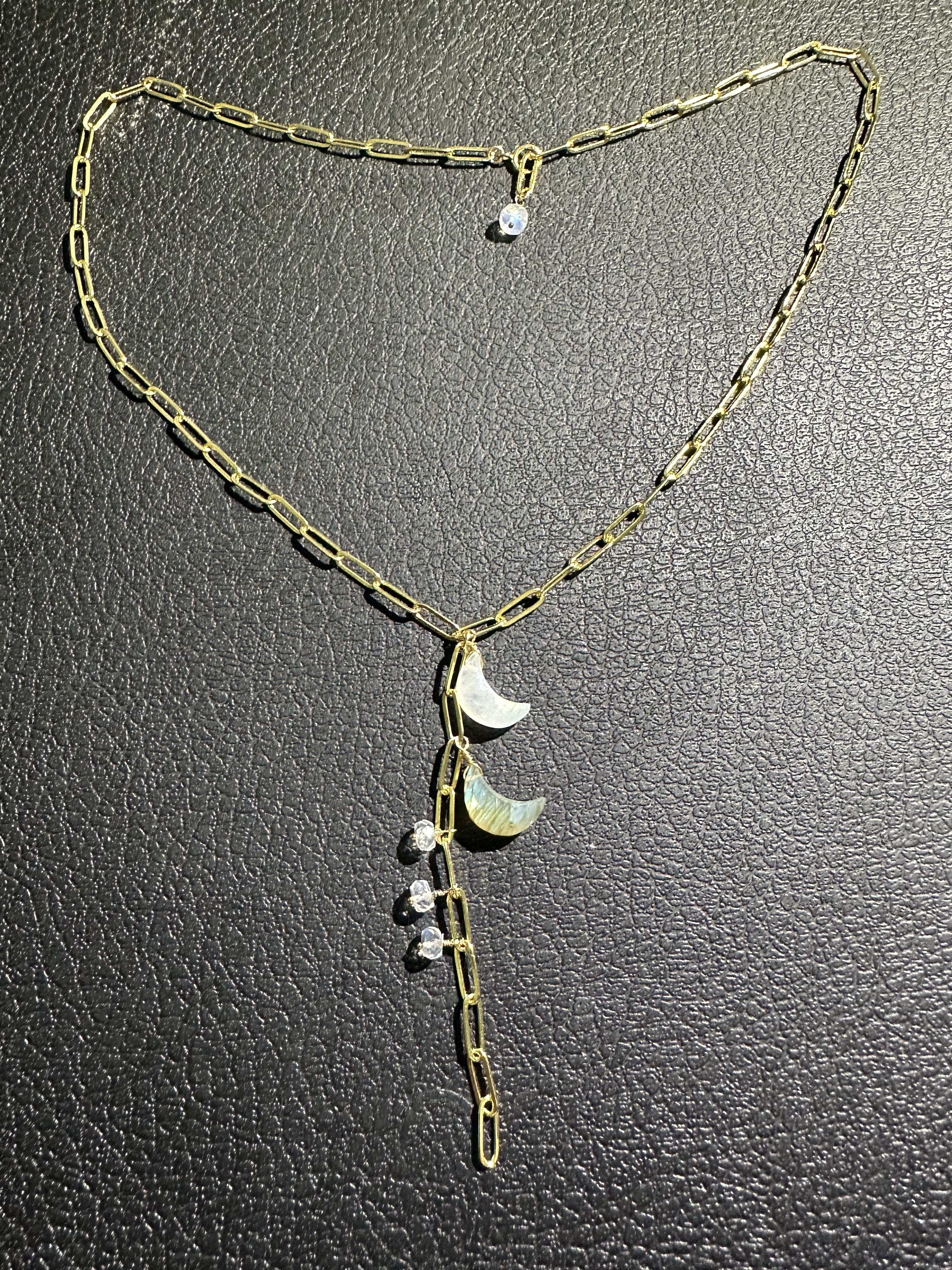 14kgf ムーンモチーフ　レインボームーンストーン　ラブラドライト　ネックレス