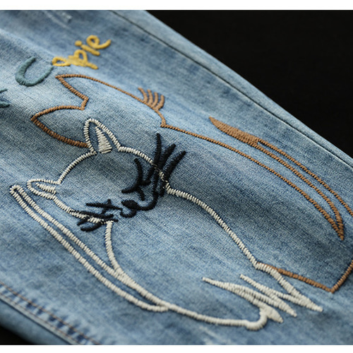 猫 刺繡 パンツ デニムパンツ デニム ジーンズ 大きいサイズ