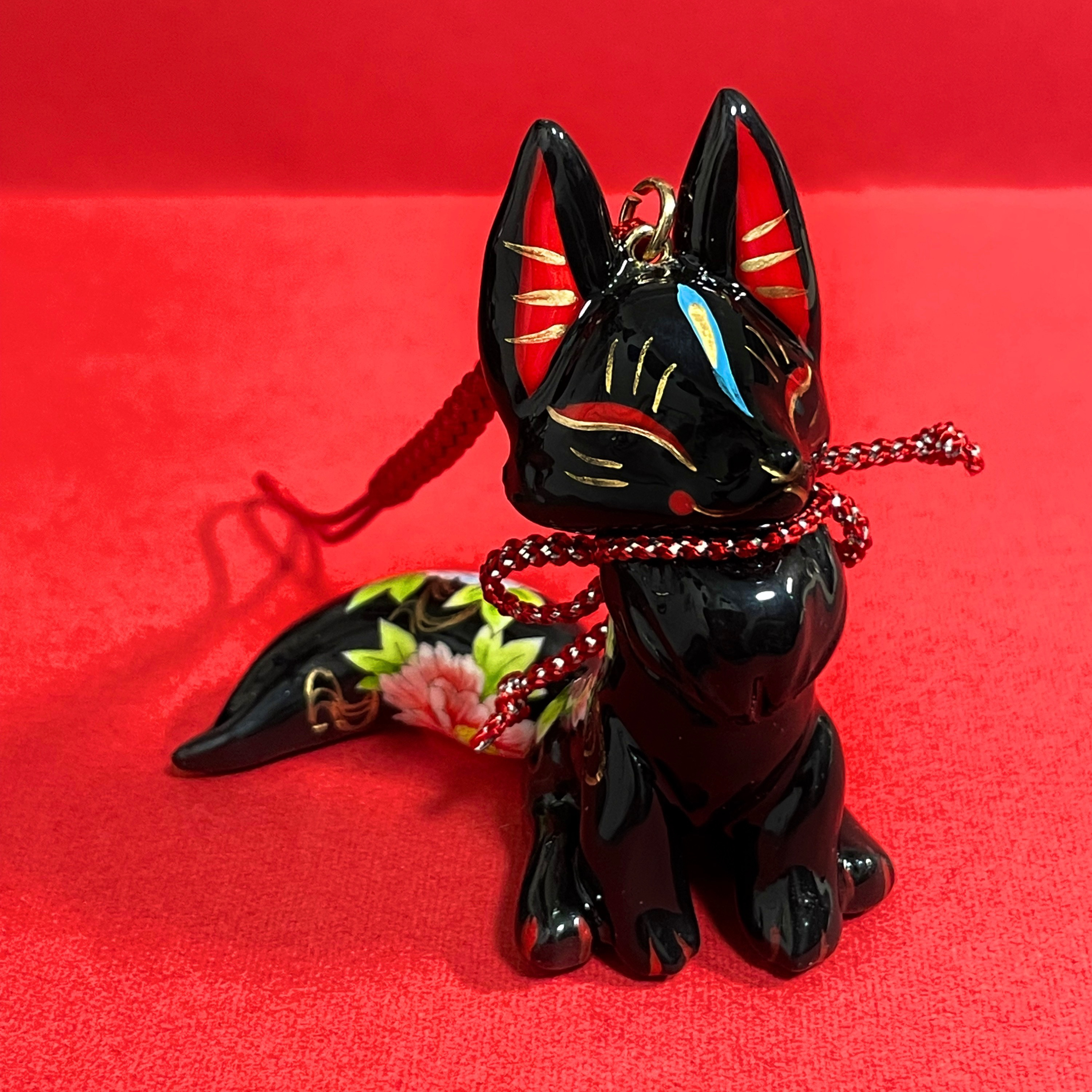 黒い振狐ストラップ【二色牡丹】