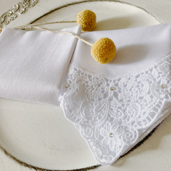 ハンカチ 結婚式 白 レース ストーン 2枚組 ブライダルハンカチ