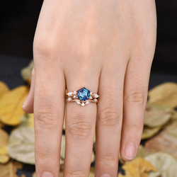 ユニークな6月の誕生石アレキサンドライト婚約指輪セットモアッサナイトカラーチェンジストーンリングブライダルギフト 6枚目の画像