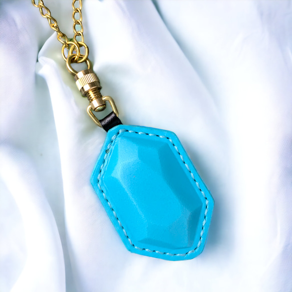 【Polyto】革の宝石キーホルダー(ターコイズブルー) バッグチャーム 2枚目の画像