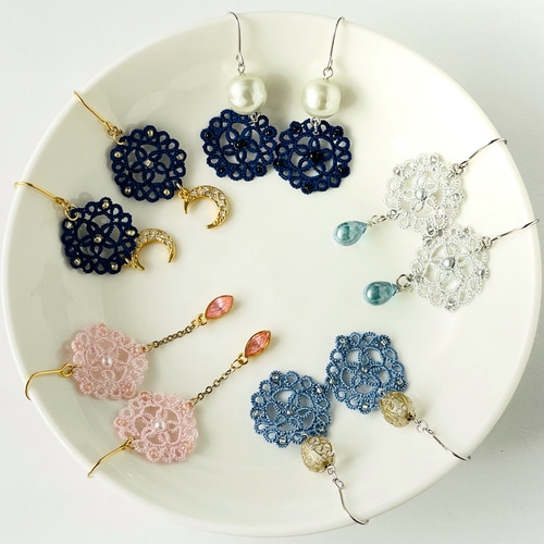銀灰色(ぎんかいしょく)の丸レースと雫ピアス/イヤリング 「星華 銀灰色(ぎんかいしょく)の丸レースと雫ピアス/イヤリング 「星華
