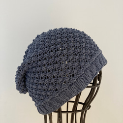 手編み　デニムカラーのコットン帽子　ビーニー 7枚目の画像