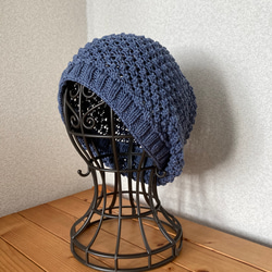 手編み　デニムカラーのコットン帽子　ビーニー 4枚目の画像