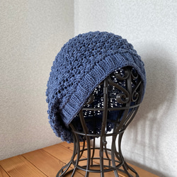 手編み　デニムカラーのコットン帽子　ビーニー 3枚目の画像