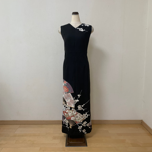 京友禅作家 山科春宣 枝梅 扇黒留袖のロング丈フォーマルドレス☆着物