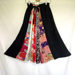 ウエストフリーのセミフレアスカート　着物リメイク　いろいろパッチワークの楽しいスカート　送料無料 5枚目の画像
