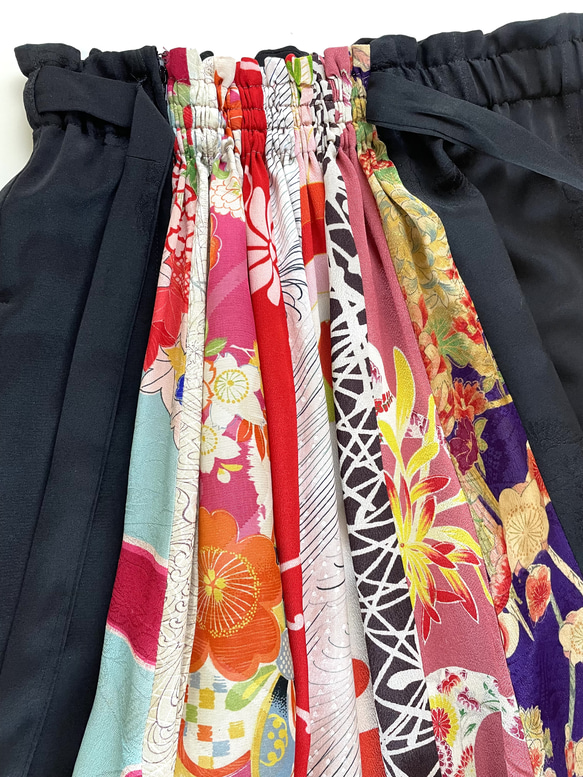 ウエストフリーのセミフレアスカート　着物リメイク　いろいろパッチワークの楽しいスカート　送料無料 10枚目の画像