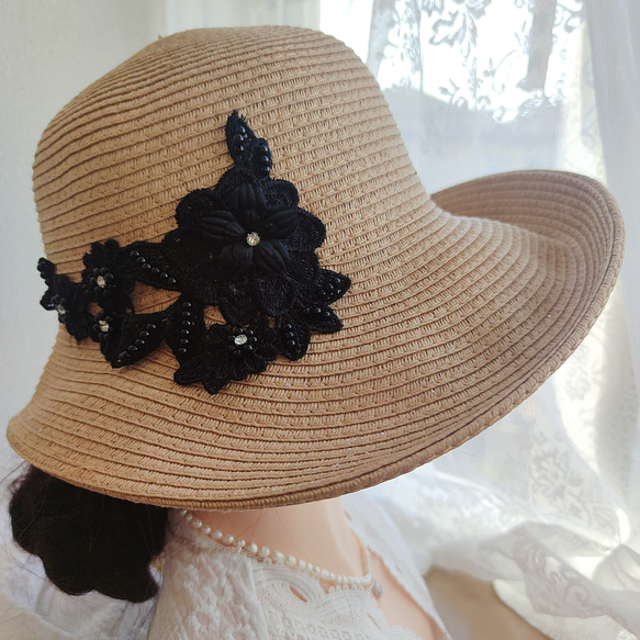 麦わら帽子 ナチュラル 帽子  UV対策 紫外線対策 日焼け対策レースモチーフ 母の日 プレゼント 7枚目の画像