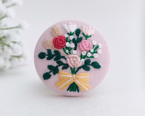 薔薇リース刺繍　ハンドメイド　ブローチヘアゴム　バラ レトロなバラの花束刺繍ブローチor刺繍ヘアゴム 母の日 ブローチ