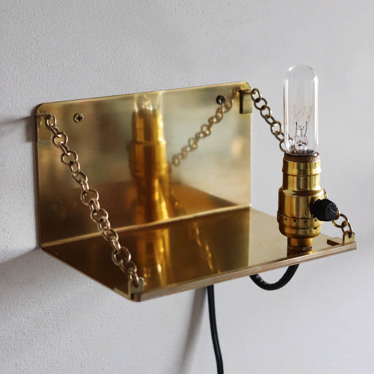 USAヴィンテージソケット付き真鍮製ミニシェルフ｜壁掛け照明・小物置き・棚◆ブラス/Brass/インダストリアル/工業系