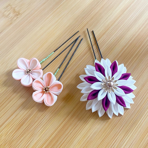 K-amasさま専用 七五三髪飾りセット 薄藤色×桜色 7-24 七五三（7歳さん以上向け）桜かんざしセット つまみ細工 ピンク