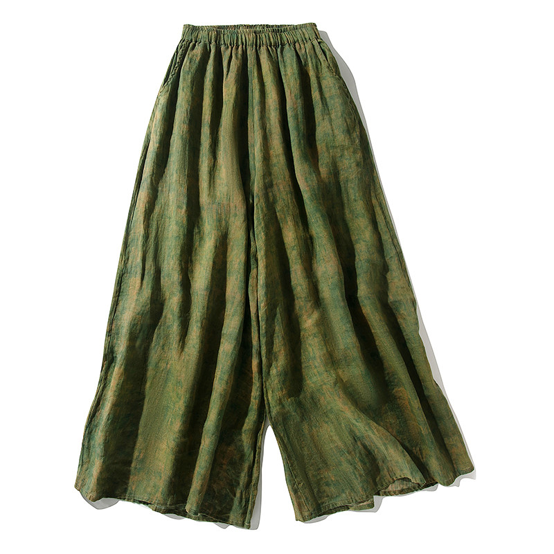 プリントリネンワイドパンツ　ワイドパンツ　リネンワイドパンツ　裏地付き　フリーサイズ　グリーン　L221