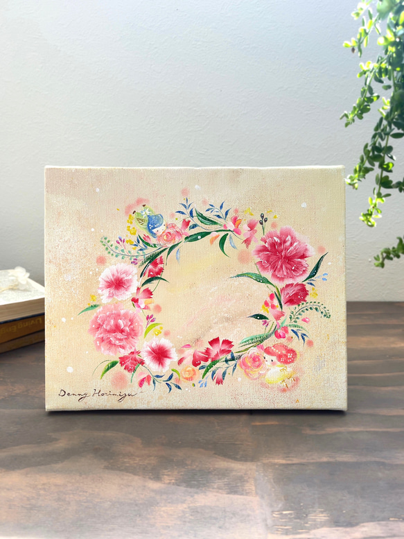 カーネーションの花冠を 【原画/キャンバス】　妖精の暮らし　インテリアアート