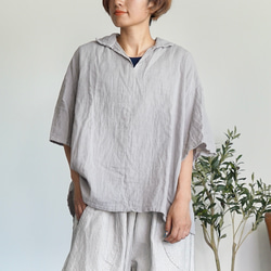スプリットバックオープンカラーシャツ/グレー/知多木綿 ダブルガーゼ 1枚目の画像